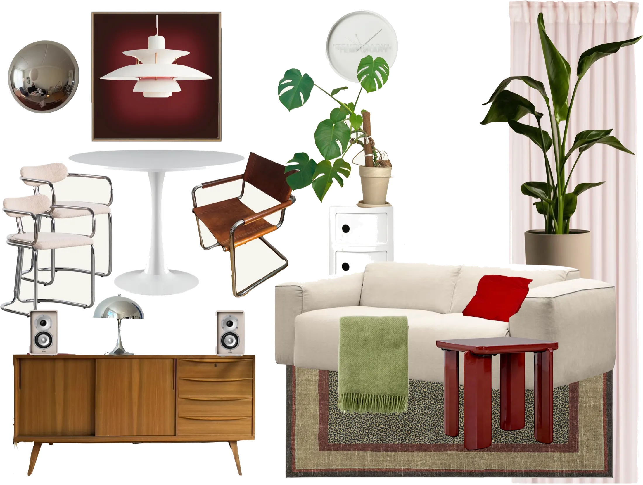 Moodboard-Collage: Wohnraum in Creme, Rot und Nussbaum — Nussbaum-Sideboard mit Lautsprechern, weißer Tulip-Tisch mit Stahlrohrstühlen, Leder-Freischwinger, cremefarbenes Sofa mit rotem Kissen und grünem Plaid, roter Beistelltisch, PH5-Leuchte als Bild, Konvexspiegel, Wanduhr, Monstera und Strelitzie